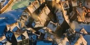 Christmas, small town, winter, flying over, snow